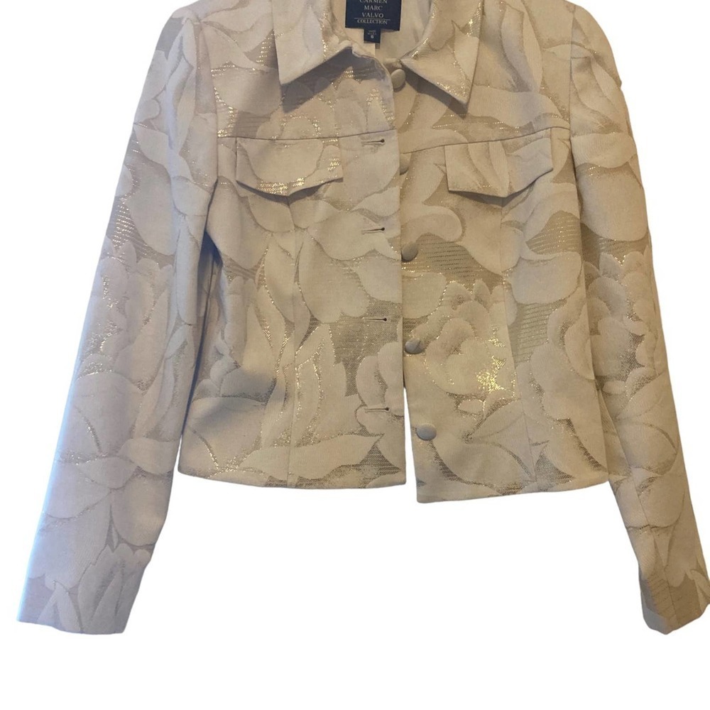 Carmen Marc Valvo Collection Ivory/White and Gold Floral Jacket - Size 8